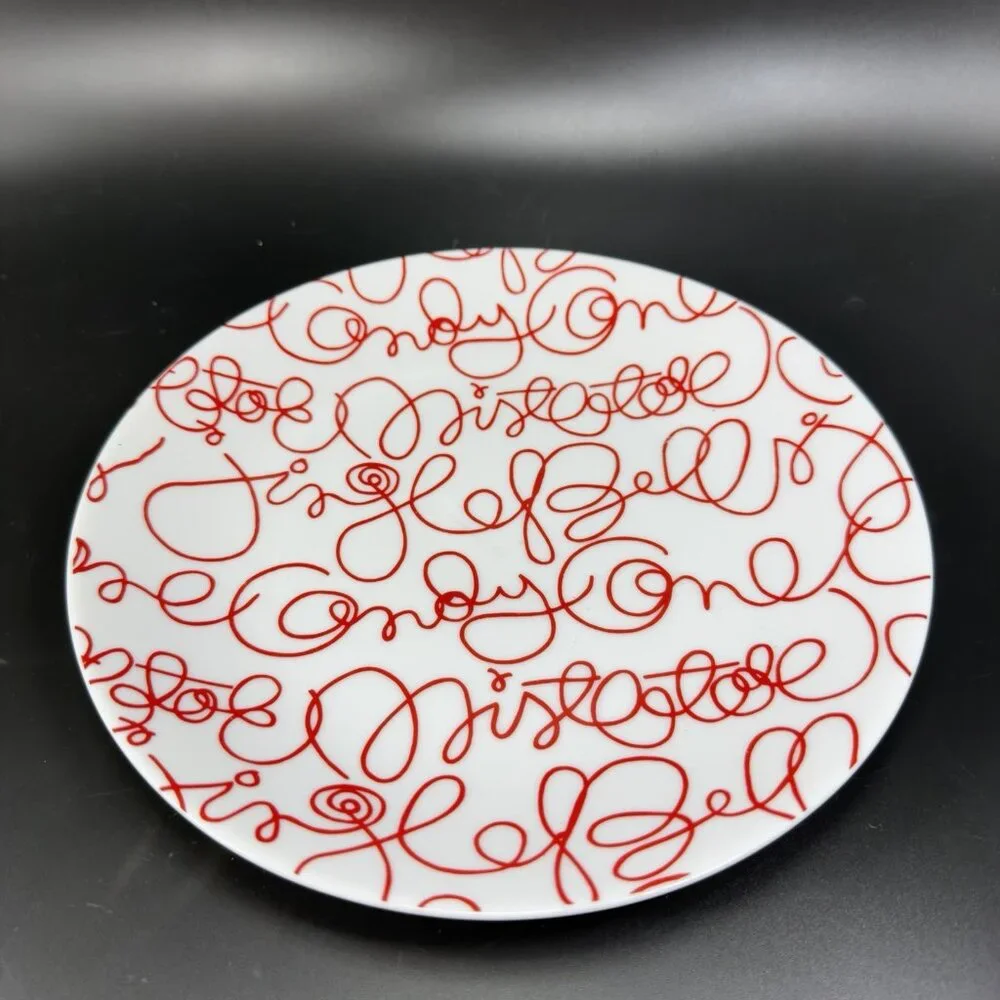 Crate & Barrel‎ Artwork Script Christmas Holiday Dish Plate Set 3 Plates 8.5inch
